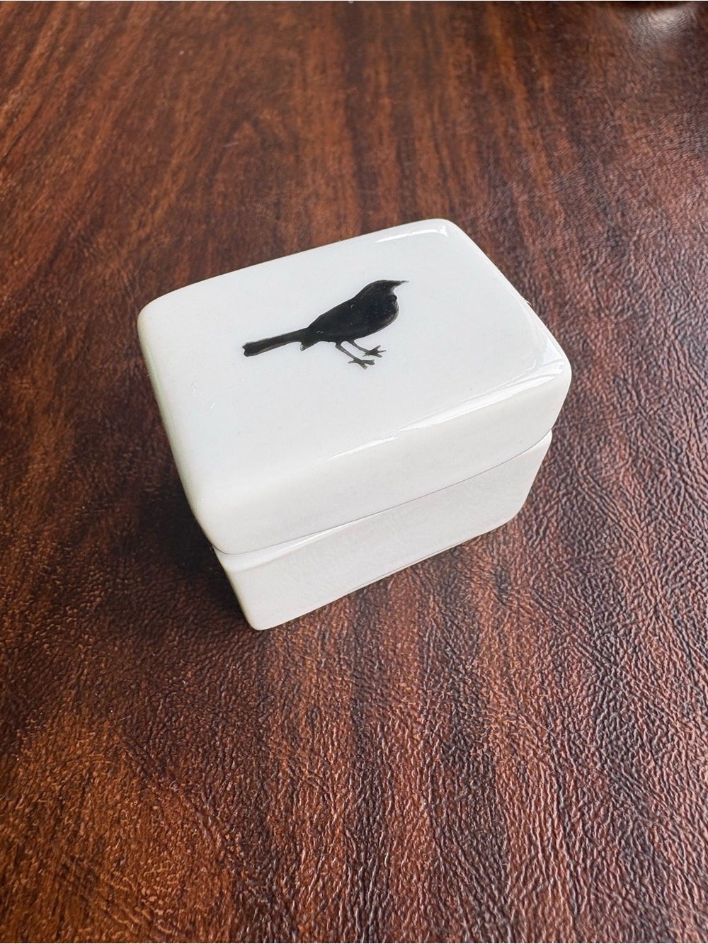 White Ceramic Bird Trinket Box with Black Bird Motif